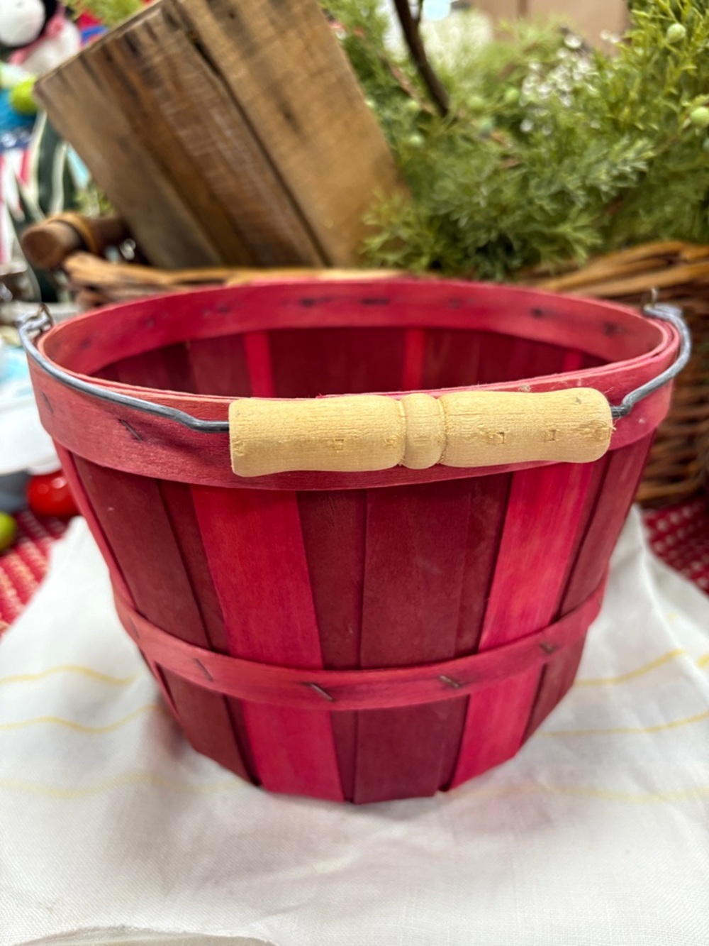 Red Wooden Accent Basket with Natural Handle
